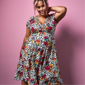 Betsey Johnson White Leopard Floral Challis Fit & Flare Midi Dress